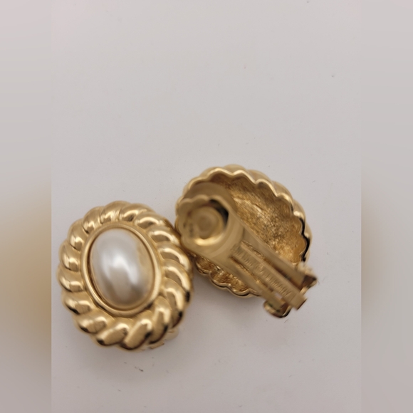 Vintage Christian Dior Gold Plated Oval Shaped Pearl Clip Earrings